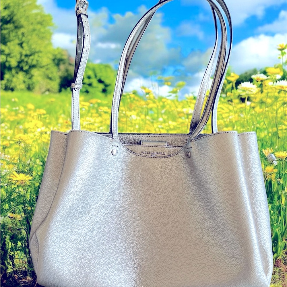 Karl Lagerfeld Metallic Silver Tote or Crossbody Bag - Picture 2 of 12